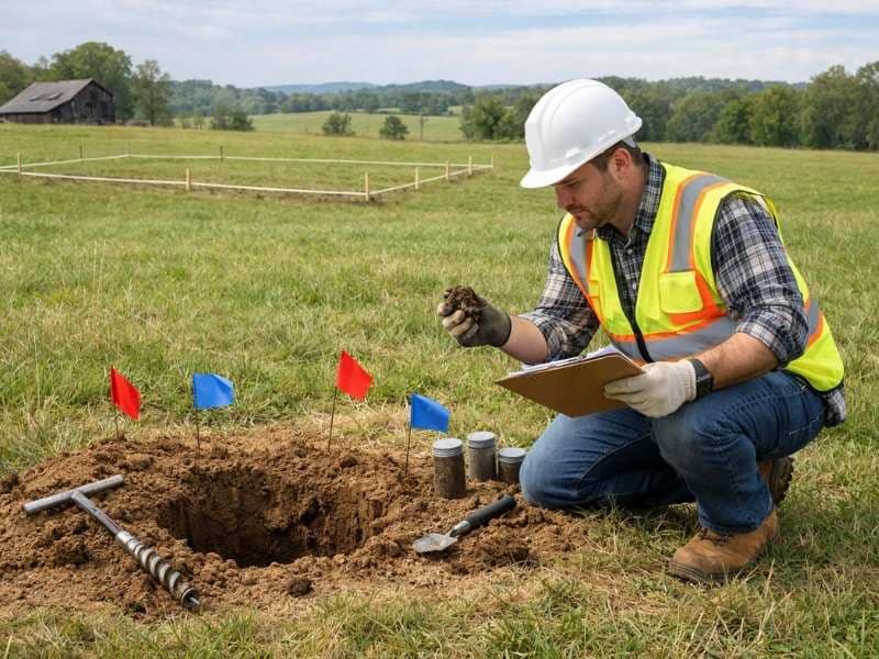 Perc test rural land | Bowling Green Land Surveying A soil specialist performs a perc test on rural land, examining soil conditions for a future septic system and home site