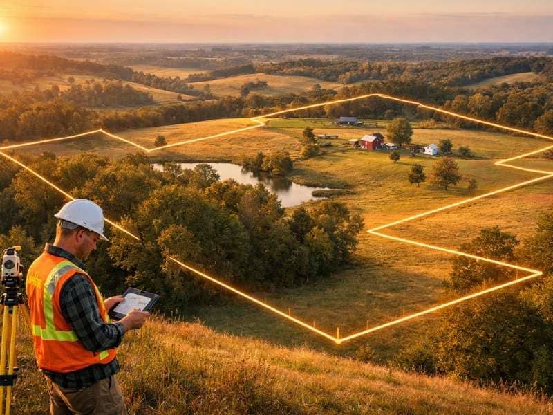 Property survey rural land | Bowling Green Land Surveying A licensed land surveyor reviewing a map on rural acreage with visible property survey boundary lines