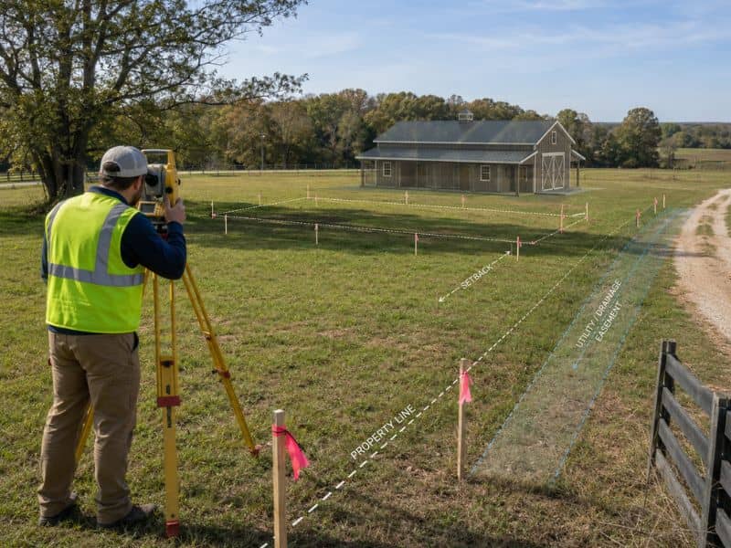 A surveyor in a neon vest uses a theodolite on a tripod to measure property lines on a grassy field near a barn and fence lines