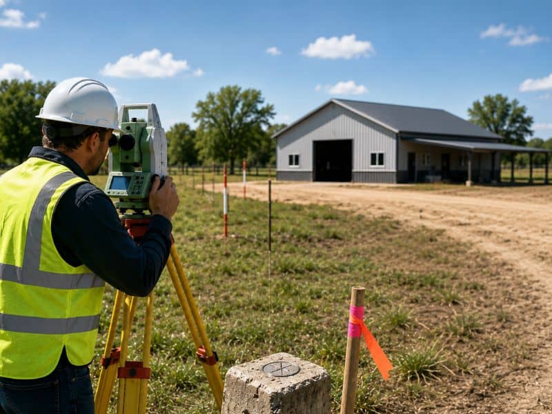 Land surveyor using a total station to locate a missing property corner near a rural barn.
